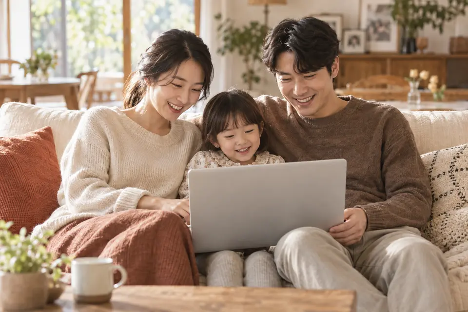 부모와 아이가 소파에 앉아 노트북으로 가족 앨범을 함께 보는 모습
