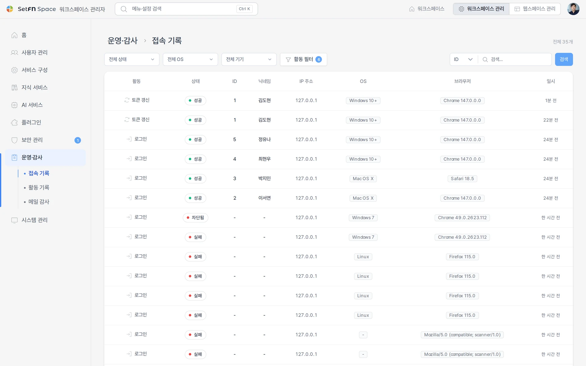 로그인과 토큰 갱신의 성공 여부, IP, OS, 브라우저, 시각을 기록한 접속 기록 화면