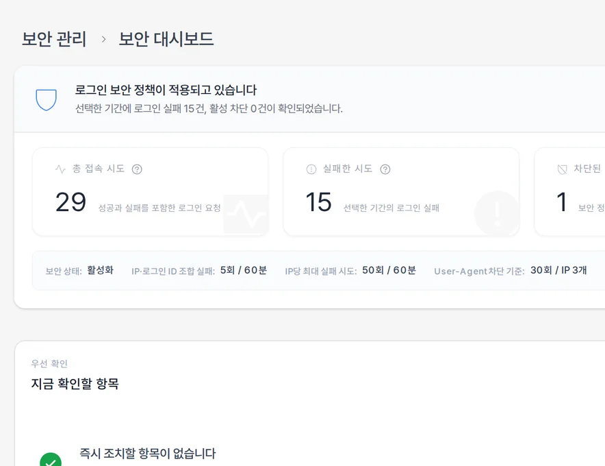 로그인 시도·실패, 현재 차단, User-Agent별 실패와 최근 차단 알림을 보여주는 최신 보안 대시보드